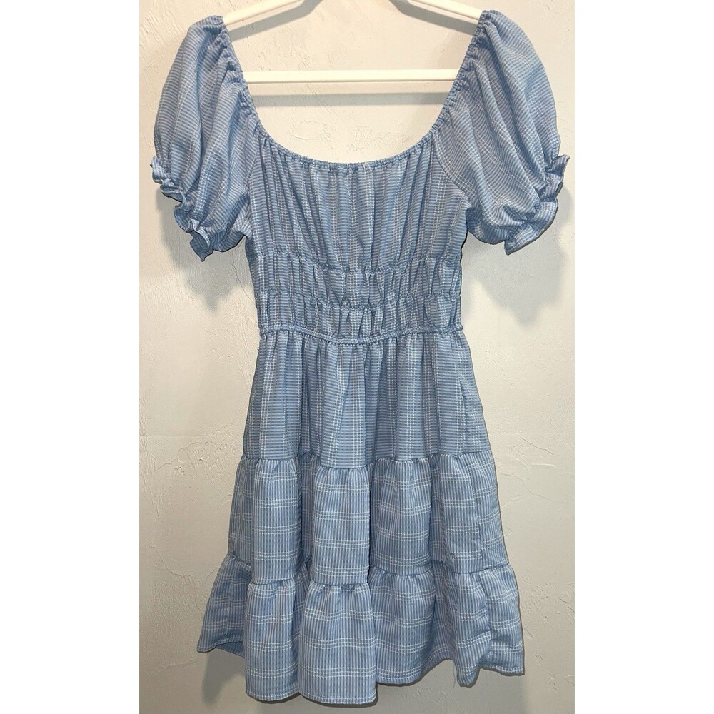 Blue Gingham Smocked Babydoll Dress Puff Sleeve Tiered Cottagecore Size L - Picture 2 of 6